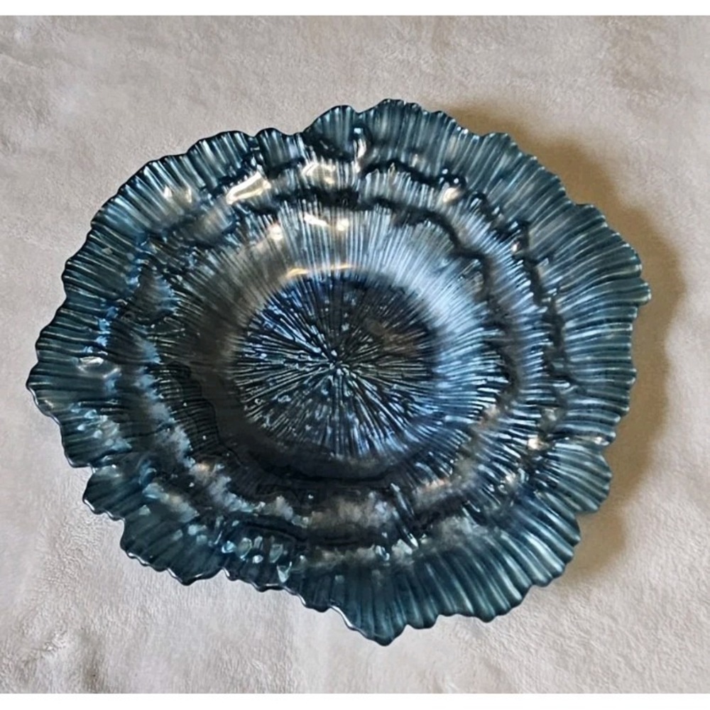 Turkish Art Glass Charger Plate Metallic Blue 6 Inch Textured Ruffled Oyster